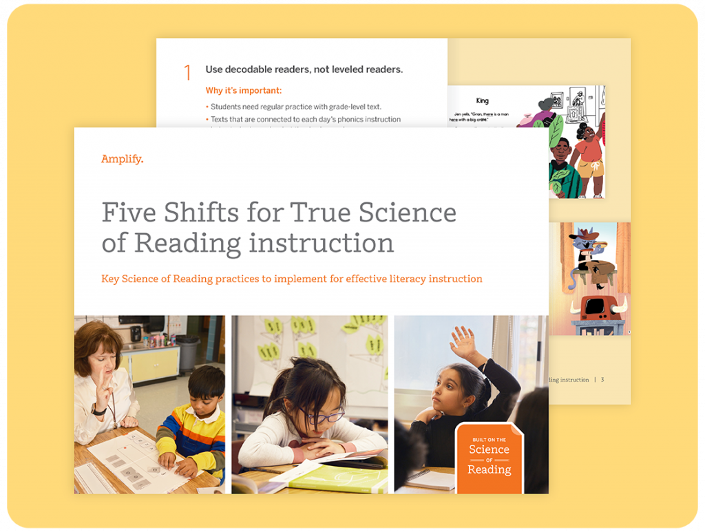 A cover page titled "Five Shifts for True Science of Reading Instruction" with photos of students and teachers, and illustrated pages in the background.