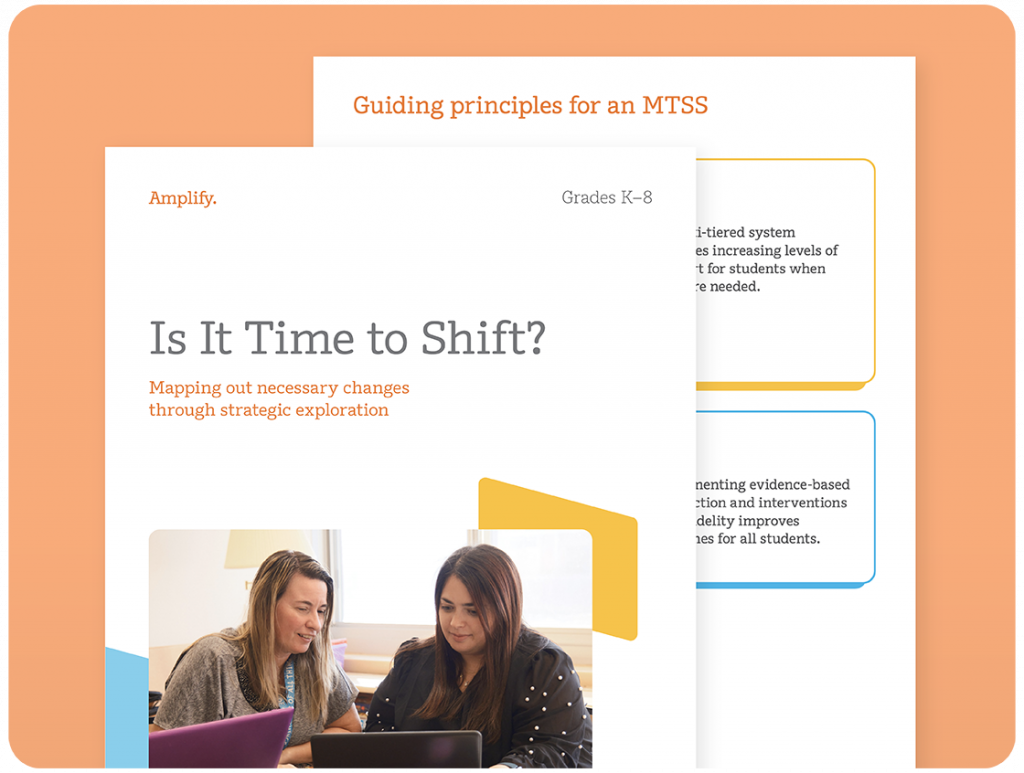 Two women work together at a laptop in the foreground of a document titled "Is It Time to Shift?" about changes in MTSS for grades K-8, with another educational document visible behind.