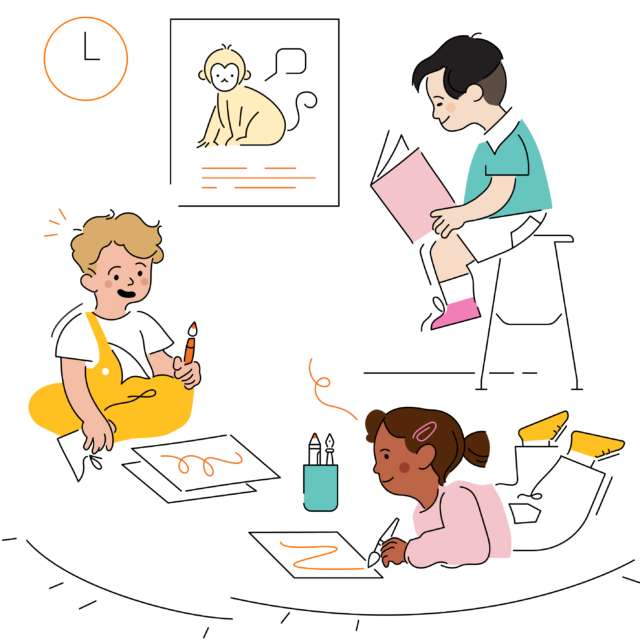 Four children and a monkey are sitting on the floor, each engaged in different activities, with scattered objects and orange lines around them.
