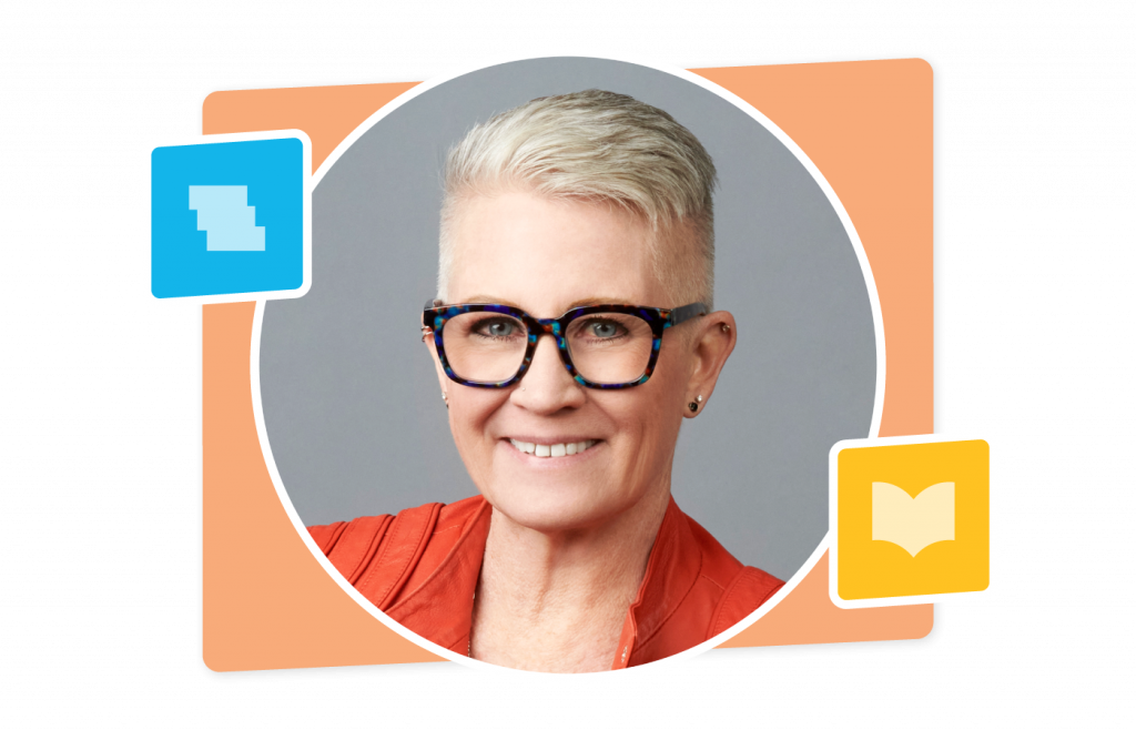 Person with short, gray hair and glasses smiling, wearing an orange jacket. Background features a gray backdrop with blue and yellow graphic book icons, highlighting k-5 teaching resources and the science of reading.