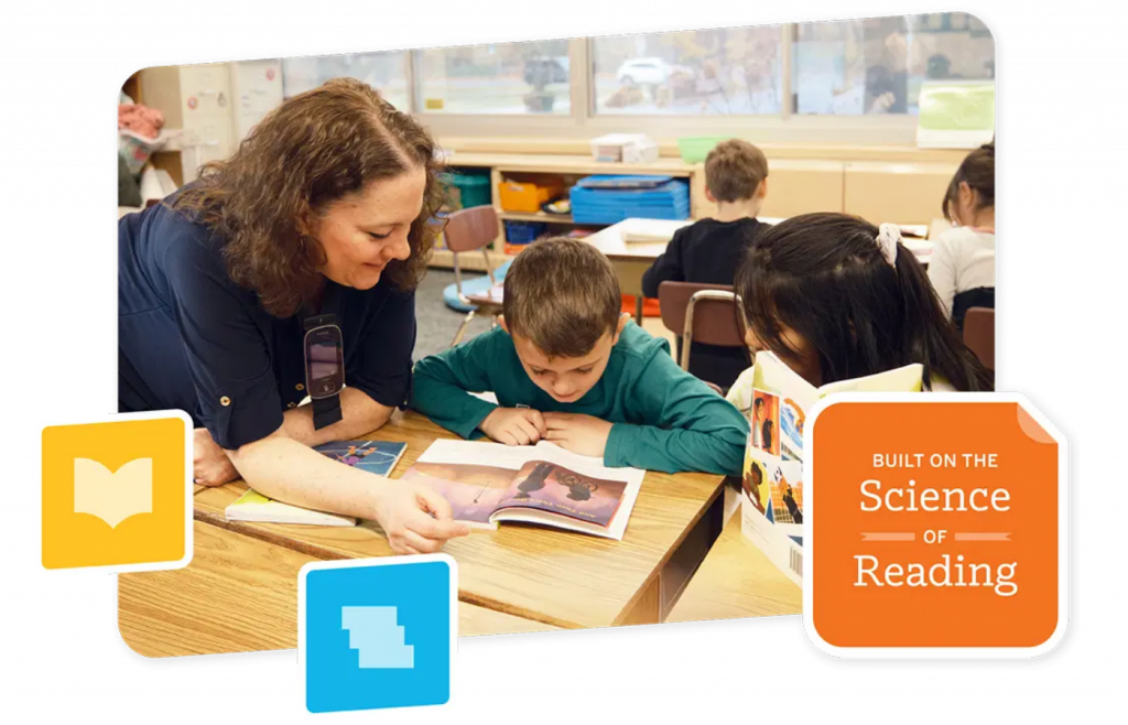 A teacher sits at a table with young students, guiding a boy as he reads—a scene enriched by k-5 teaching resources and a “Built on the Science of Reading” label, highlighting what is the science of reading in action.