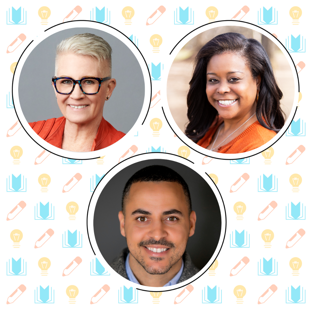 Three people, two women and one man, are pictured in individual circular frames against a background with lightbulb, pencil, and book icons.