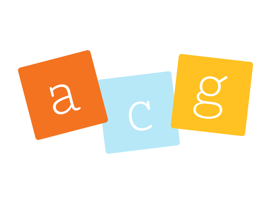 Three colored squares display lowercase letters: "a" on an orange square, "c" on a blue square, and "g" on a yellow square—dyslexia-friendly design features each letter clearly arranged in a row with slight tilts.