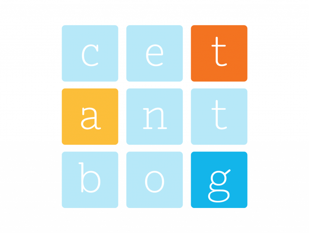 A 3x3 grid of colored squares with the letters c, e, t, a, n, t, b, o, g in a typewriter font, each on a different colored background.