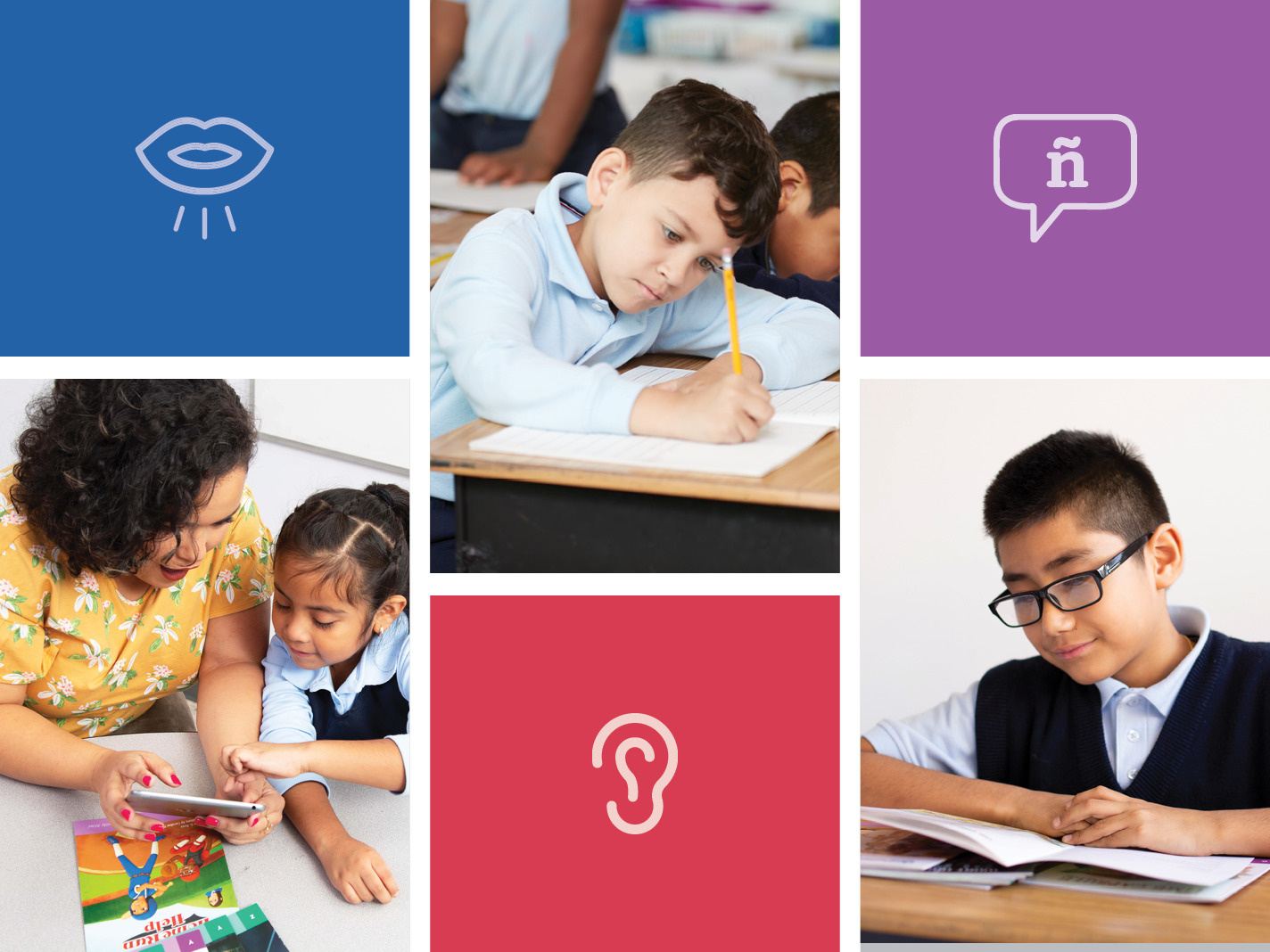Collage de escenas educativas: la parte superior izquierda muestra el dibujo de un ojo, la parte superior derecha tiene un ícono de voz, las imágenes inferiores muestran a estudiantes aprendiendo con maestros y libros, y logotipos centrales de plataformas digitales.