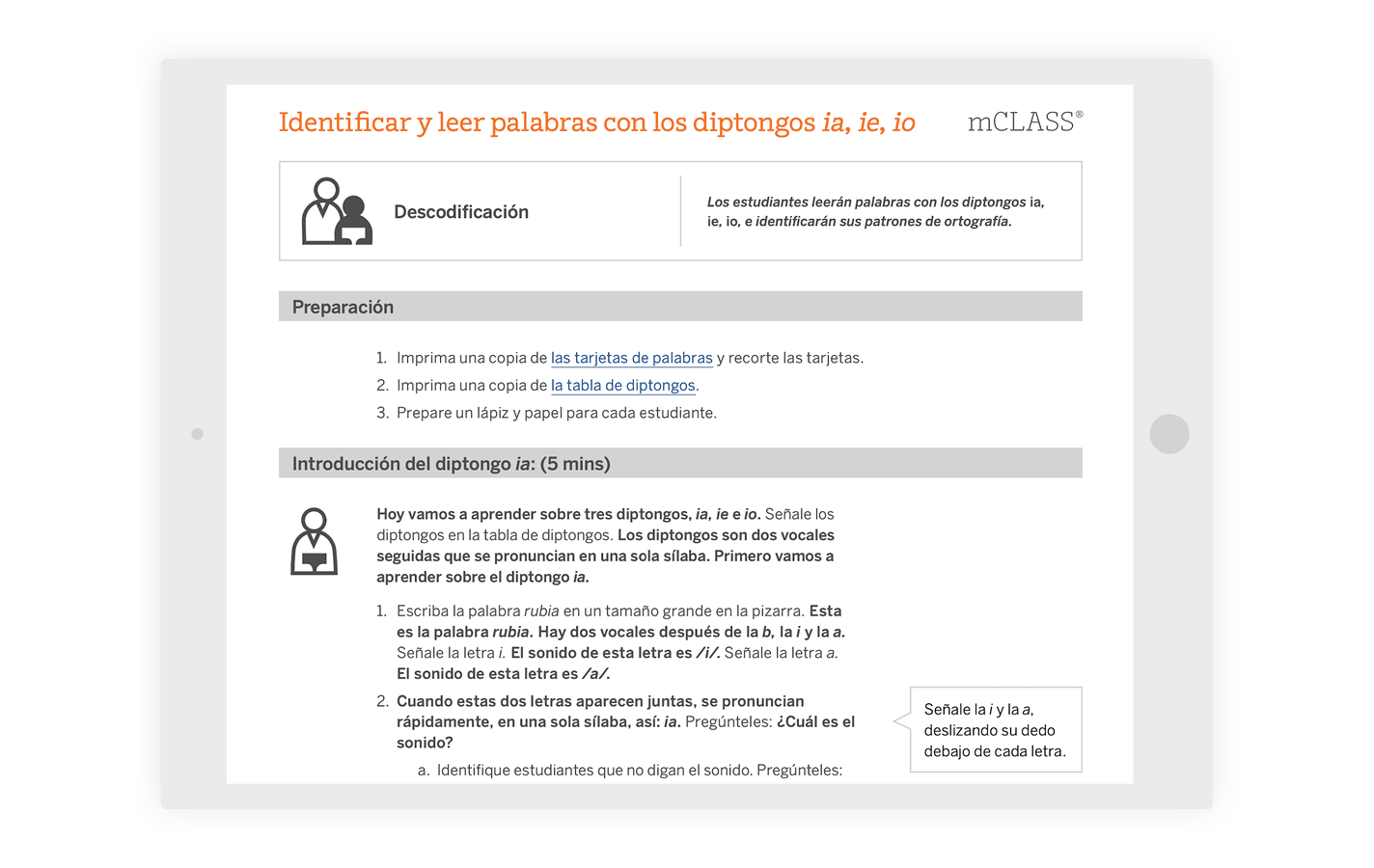 Diapositiva de presentación titulada "identificar y leer palabras con los diptongos ia, ie, io", que presenta íconos y una lista de tres pasos para decodificar diptongos, con tres secciones y múltiples viñetas.