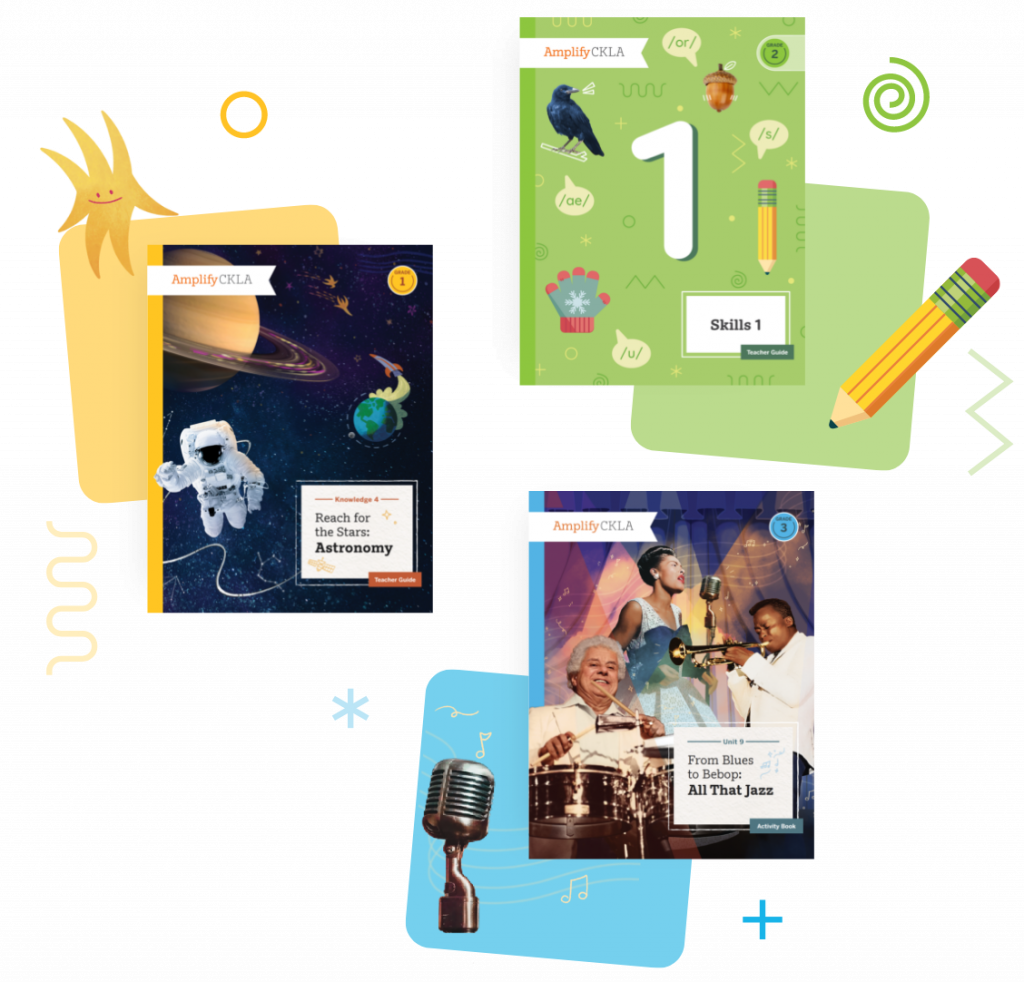 Three educational book covers displayed; one on astronomy featuring an astronaut, one titled 'Skills 1' for multilingual learners, and another on jazz music showcasing musicians. Surrounding elements include a microphone, pencil, and musical notes. Ideal teacher resources to complement Amplify CKLA curriculum.