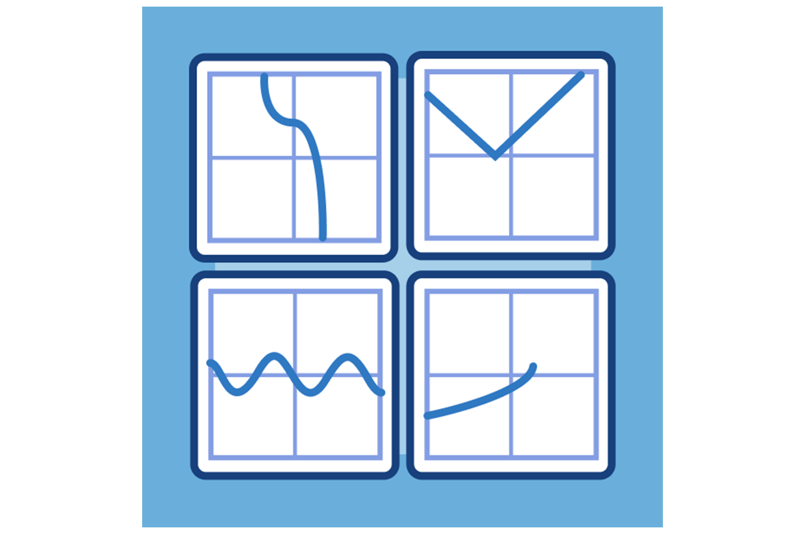Four square graphs with different blue line patterns: a curve downward, a V shape, a wavy line, and an upward curve, all on a light blue background.