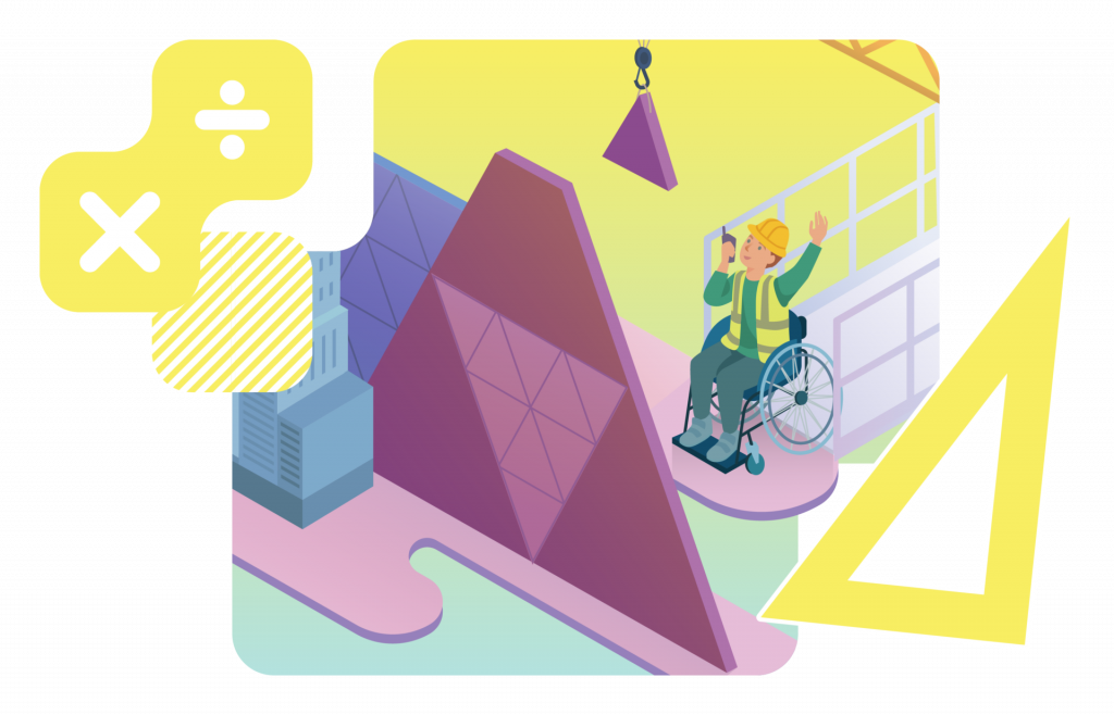 Ilustración de una persona en silla de ruedas con un casco que dirige la colocación de una pieza triangular, rodeada de símbolos matemáticos.