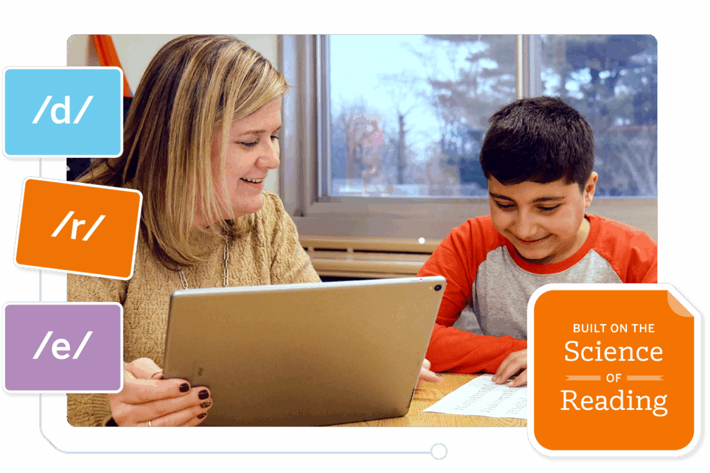 A woman and a boy sit at a table, looking at a tablet and a worksheet. Speech sound symbols and a "Built on the Science of Reading" label are displayed, highlighting helpful Curriculum resources & guides.