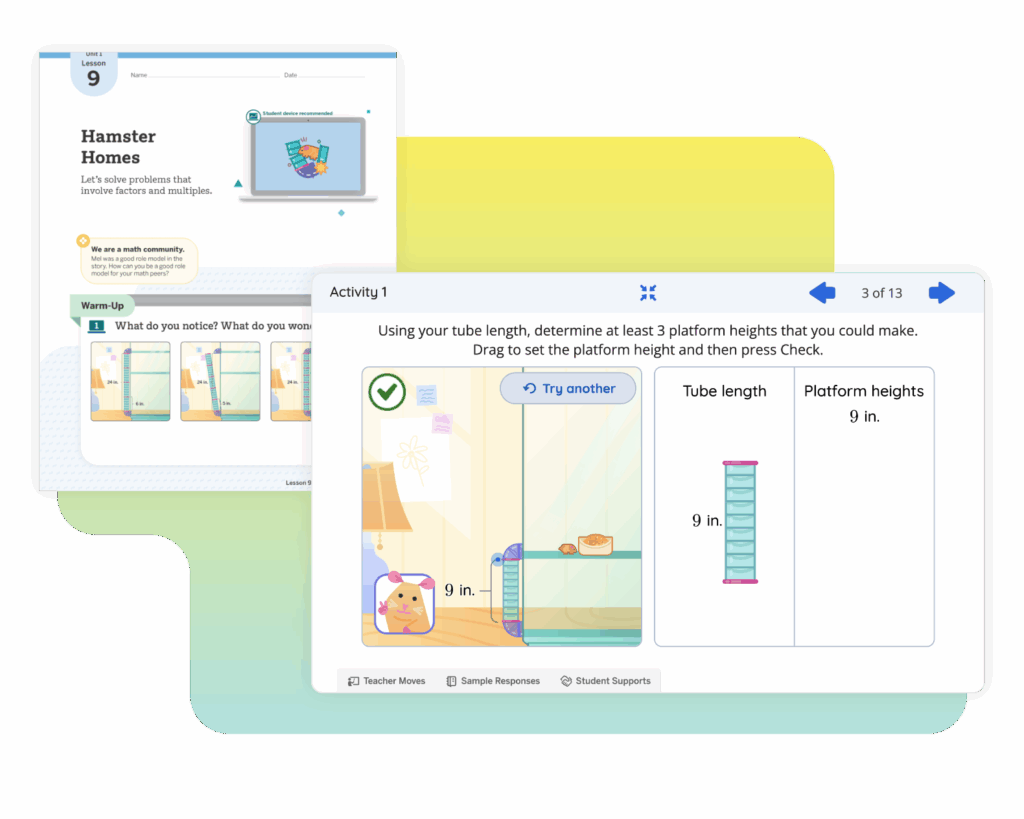 Educational software interface featuring a New York math problem about measuring platform heights using a 9-inch tube, illustrated with a playful, colorful design.