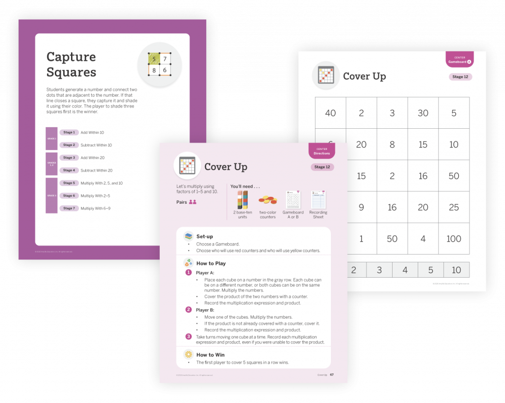 Three educational math worksheets titled "Capture Squares" and "Cover Up," featuring instructions and a multiplication grid, provide instructional support as engaging supplemental math activities for classroom use.