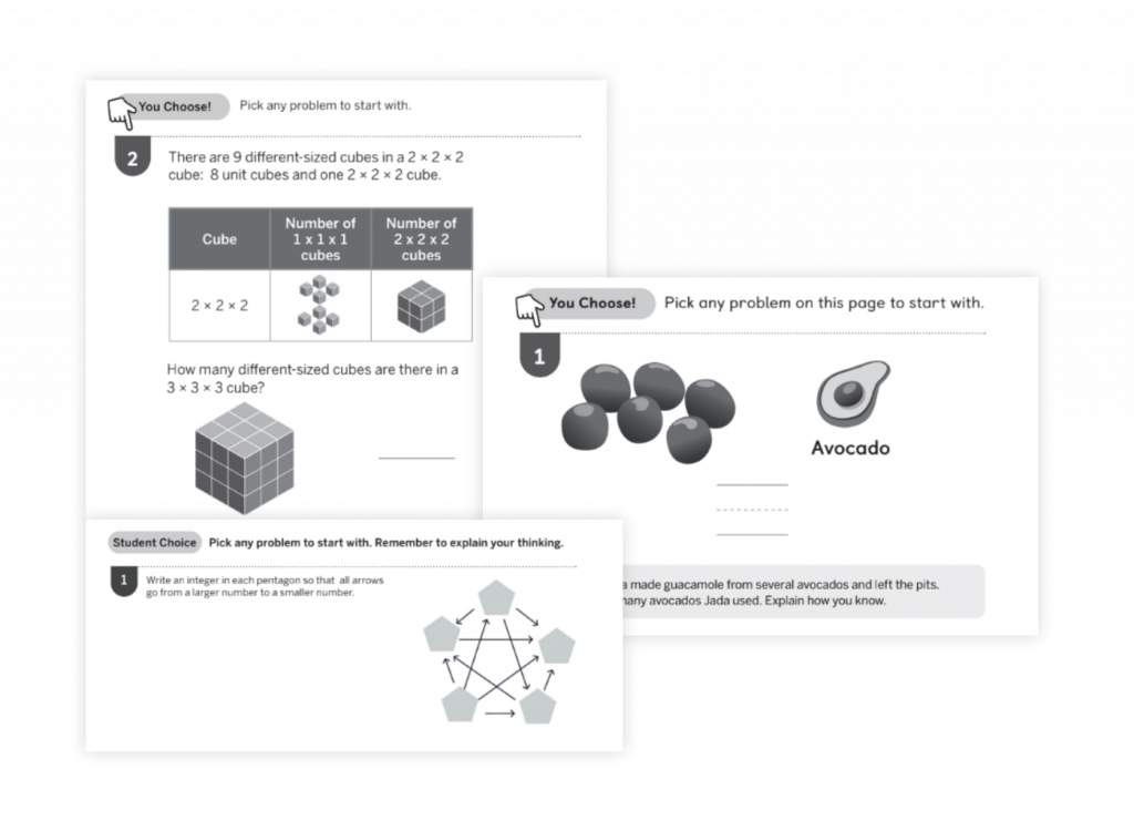 Collage of math exercises featuring cubes, an avocado-themed problem, and geometric shapes. Includes instruction for selection and explanation, offering instructional support to aid in progress monitoring.