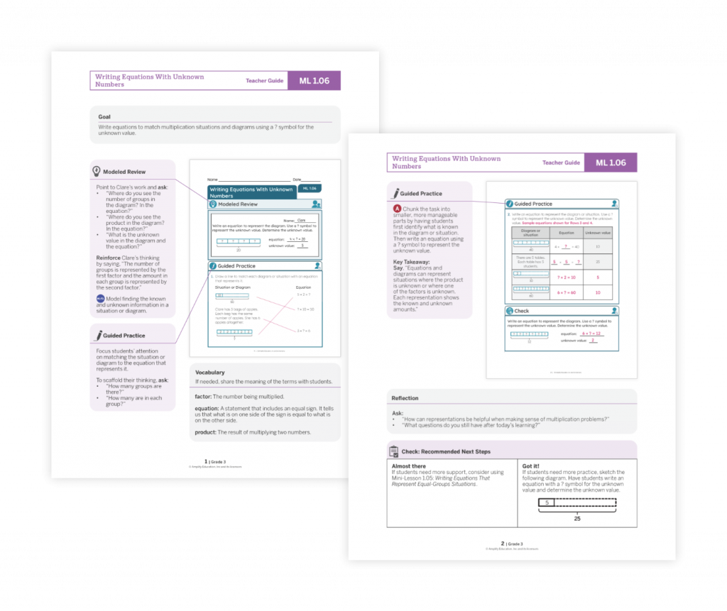 Two educational pages titled "Writing Equations With Unknown Variables" under Teacher Guide ML L06, featuring problem examples, vocabulary, and recommended next steps for teaching. Includes progress monitoring tools to enhance individualized instruction and boost learning outcomes.