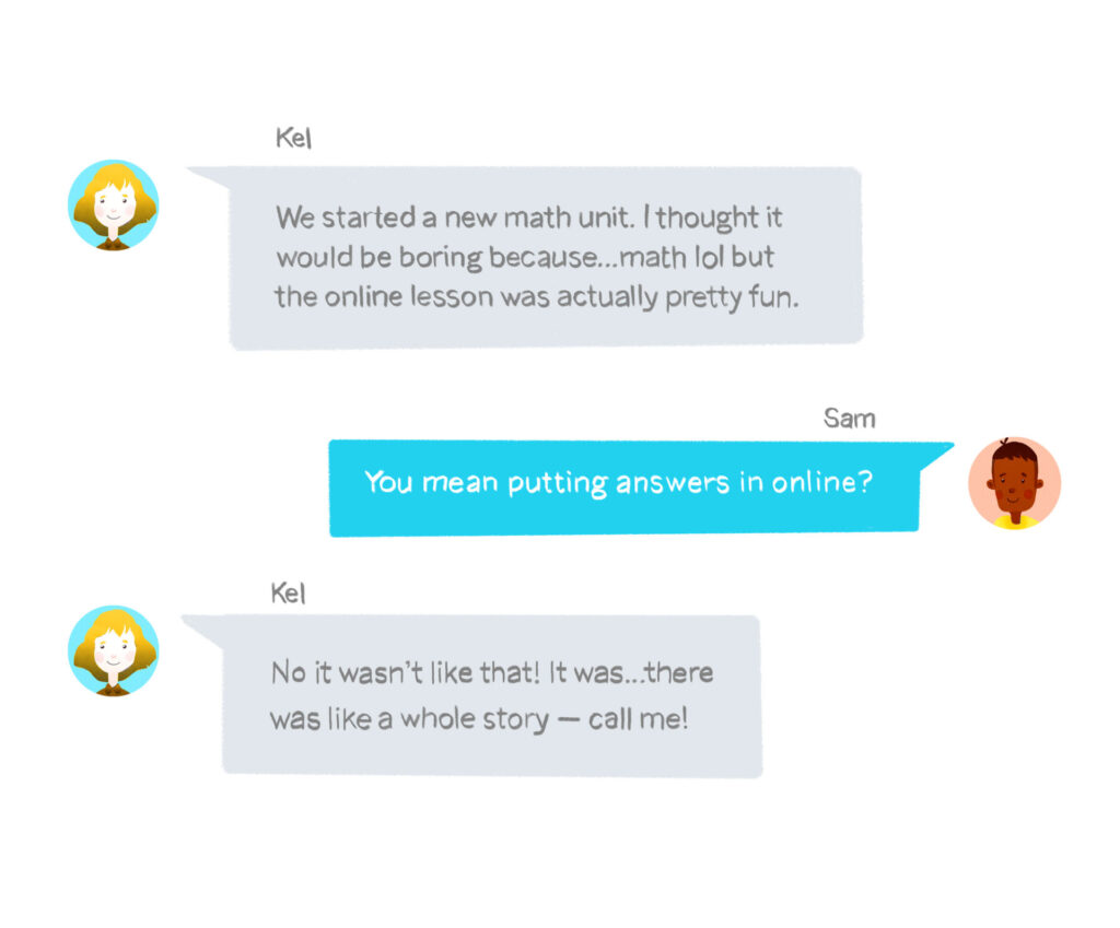 Text message conversation between two children discussing an enjoyable online math lesson, with one child admitting to cheating.