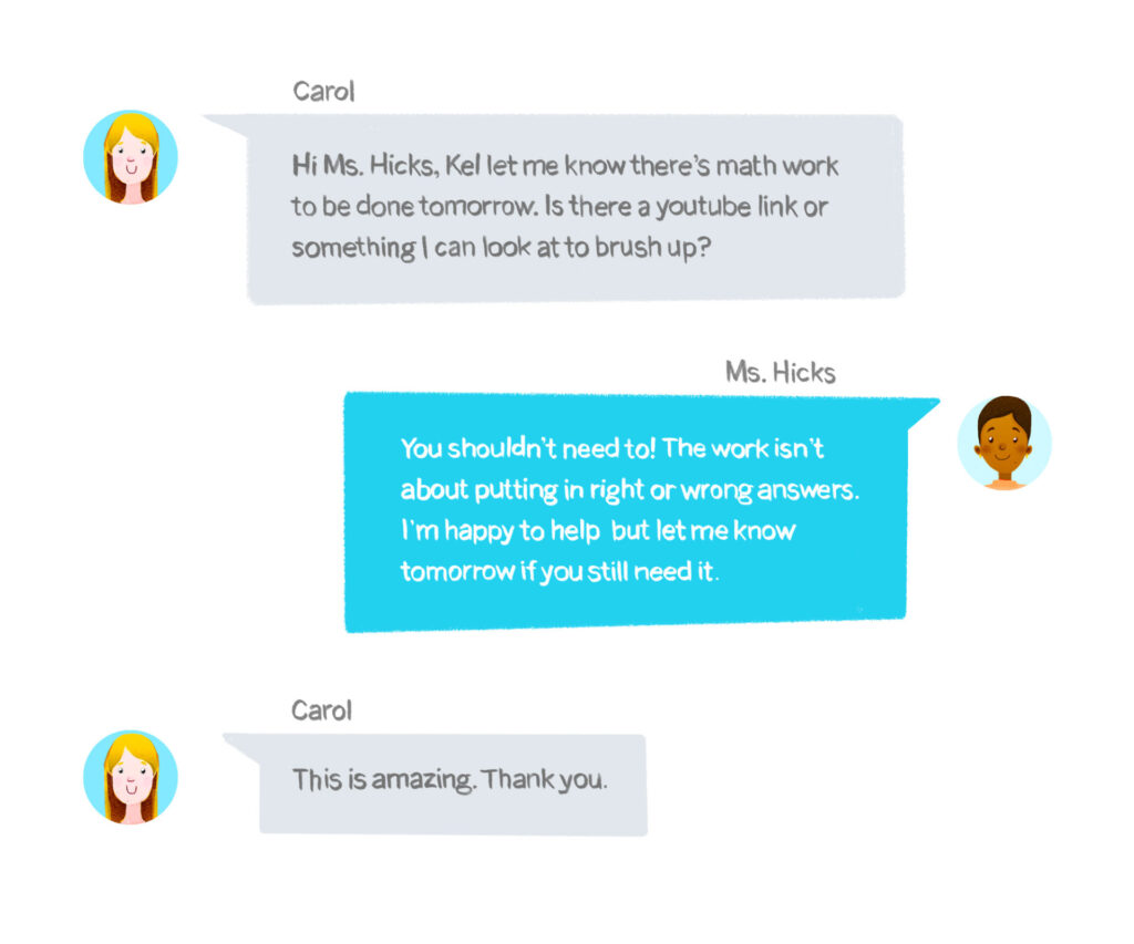 A text message exchange between two individuals discussing a math work arrangement, with a friendly and supportive tone.