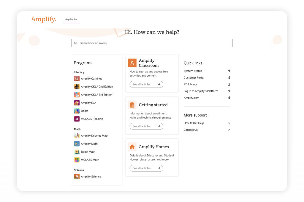 A support center webpage displays a search bar, categorized program links on the left, resource articles in the center, and quick links with additional customer support options on the right.
