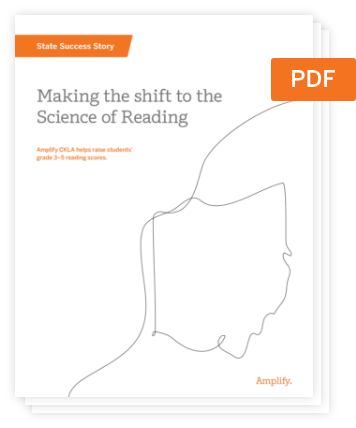 Stack of documents titled "Making the shift to the Science of Reading" with an orange "PDF" label and a minimalist line drawing of a face on the cover.