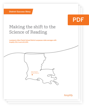 Cover page of a PDF titled "Making the shift to the Science of Reading" featuring a map outline of Louisiana and a highlighted area labeled "Allen Parish School District.