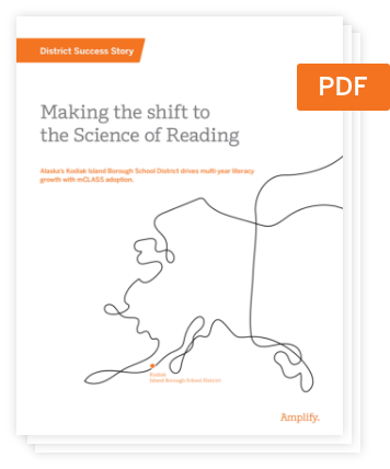 Cover of a PDF titled "Making the shift to the Science of Reading," featuring an outline of Alaska and an orange label reading "District Success Story," highlighting success with mCLASS, a gold standard assessment.
