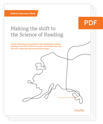 Cover page of a PDF titled "Making the shift to the Science of Reading," featuring an outline map of Alaska and labeled as a district success story by Amplify.