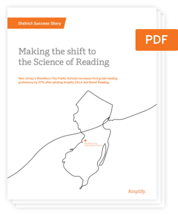 Cover page of a PDF report titled "Making the shift to the Science of Reading" featuring an outline of New Jersey and a highlighted city, published by Amplify.