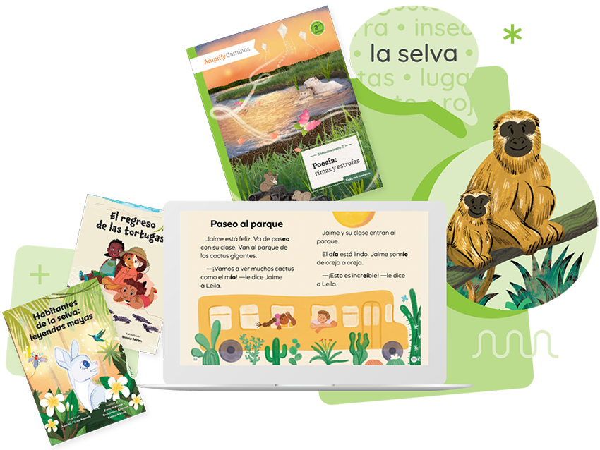 A laptop displays an illustrated children's story. Surrounding it are three children's books with animal and nature themes, highlighting foundational skills in reading, and an illustrated monkey with a baby.
