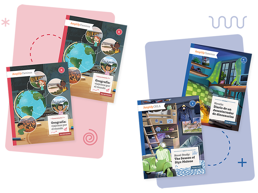 Four illustrated educational book covers are displayed; two focus on geography, and two feature novels—one in Spanish and one in English—each with colorful designs, showcasing the Spanish language arts curriculum Amplify Caminos.