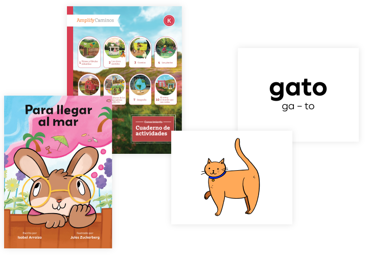 A Spanish language arts curriculum set includes a worksheet, the book "Para llegar al mar" featuring a rabbit, a flashcard with the word "gato" and its syllables, plus a cartoon cat—perfect for bilingual programs.