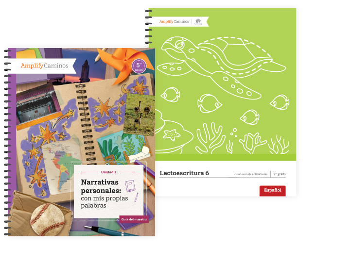Two educational book covers for Amplify Caminos: one featuring a scrapbook, sports gear, and craft materials, and another with a line drawing of a sea turtle and fish on green—perfect for Spanish language arts curriculum.