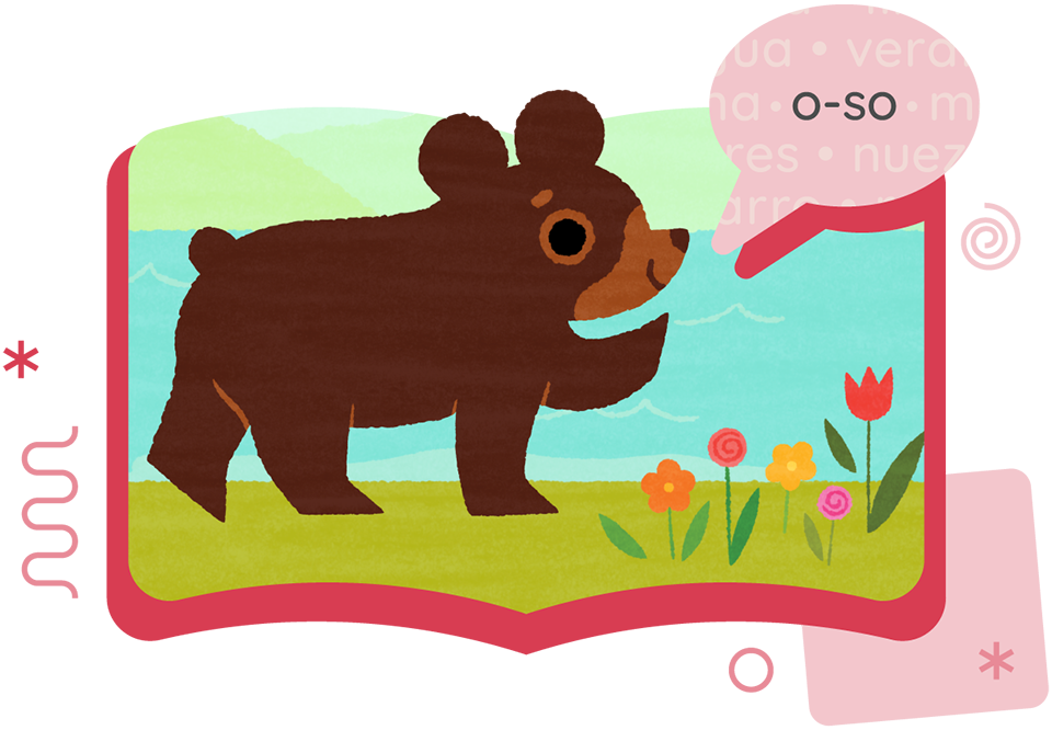 Illustration of a brown bear cub standing on grass near flowers and water, with a speech bubble that says "o-so," designed to support foundational skills in science of reading instruction.