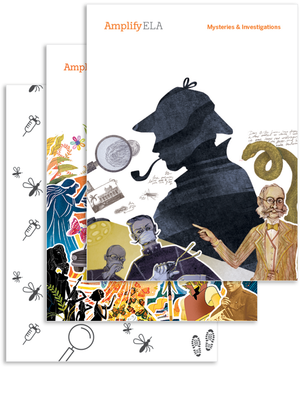 Three stacked educational book covers titled "Amplify ELA: Mysteries & Investigations" with illustrations of detective-themed elements and characters.