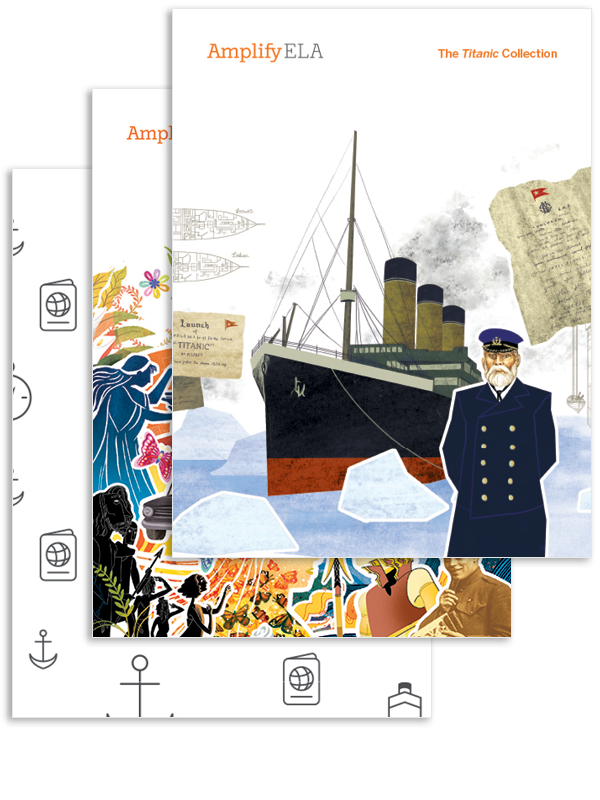Educational material cover for "the titanic collection" featuring a collage of the titanic, an iceberg, a ship's captain, and various themed illustrations.