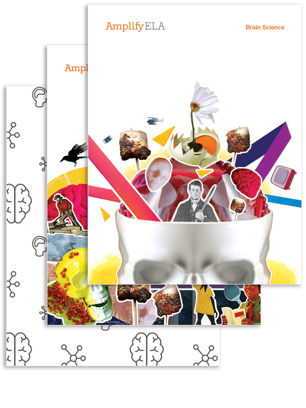 Collage of educational materials and brain imagery for "amplify ela" program, featuring books, colorful abstract designs, and icons related to learning and brain science.