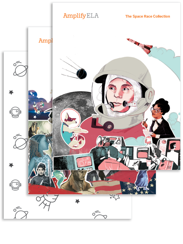 Collage of illustrations depicting various aspects of the space race, including an astronaut, a rocket in space, and mission control personnel.