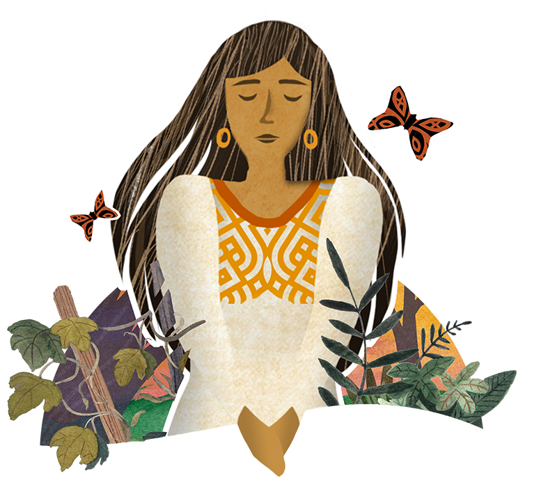 Illustration of a woman with long hair and earrings, eyes closed in a serene pose, surrounded by plants and butterflies.