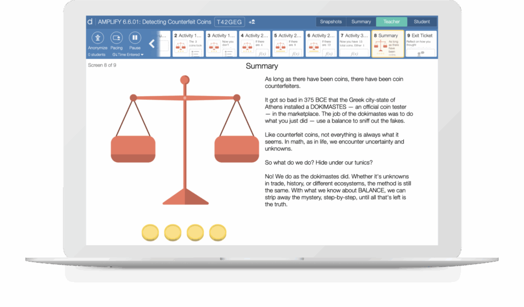 A laptop screen displaying a presentation slide titled "detecting counterfeit coins," with graphs, text, and images of coins.