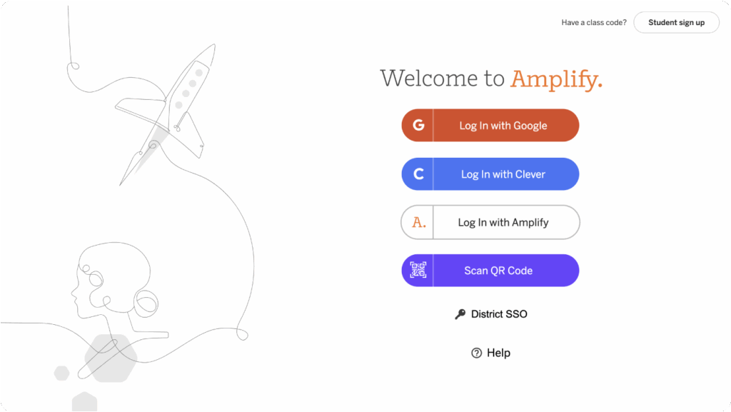 Amplify login page with options to log in using Google, Clever, Amplify, QR code, District SSO, or get help; a rocket illustration is on the left.