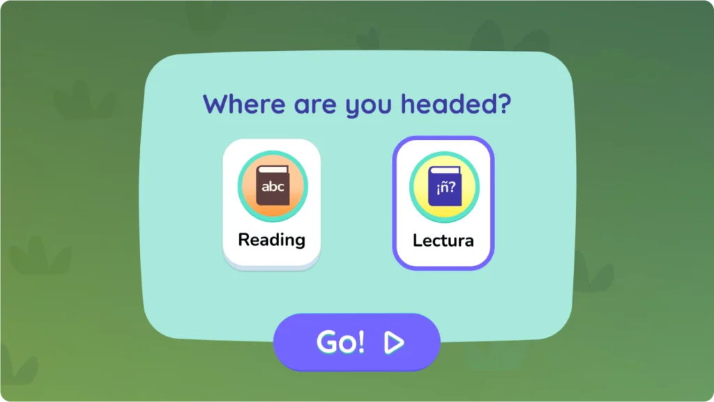 A screen displays the question "Where are you headed?" with options "Reading" and "Lectura," and a purple "Go!" button at the bottom.
