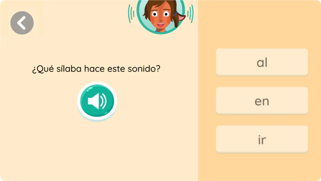A digital quiz in Spanish asks, "¿Qué sílaba hace este sonido?" with a sound icon and three answer choices: "al," "en," and "ir.