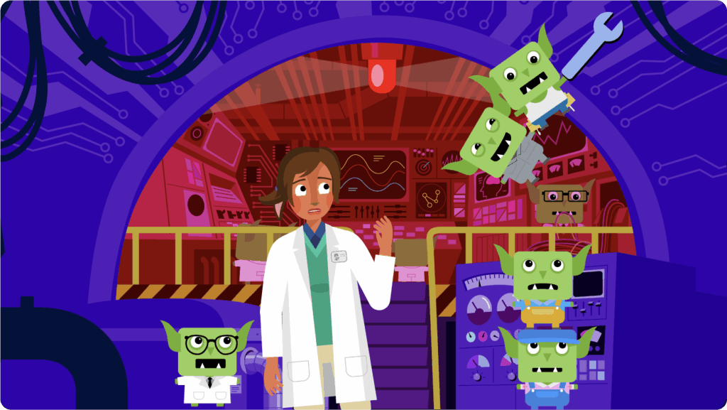 A concerned scientist stands in a control room surrounded by green goblin-like creatures, some using tools and wearing glasses, with a background of technological equipment.