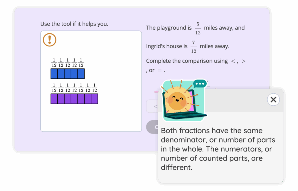 A laptop screen displays a Boost Math lesson comparing the fractions 5/12 and 7/12 with visual fraction bars and an explanation about numerators and denominators in a chat bubble for individualized instruction.