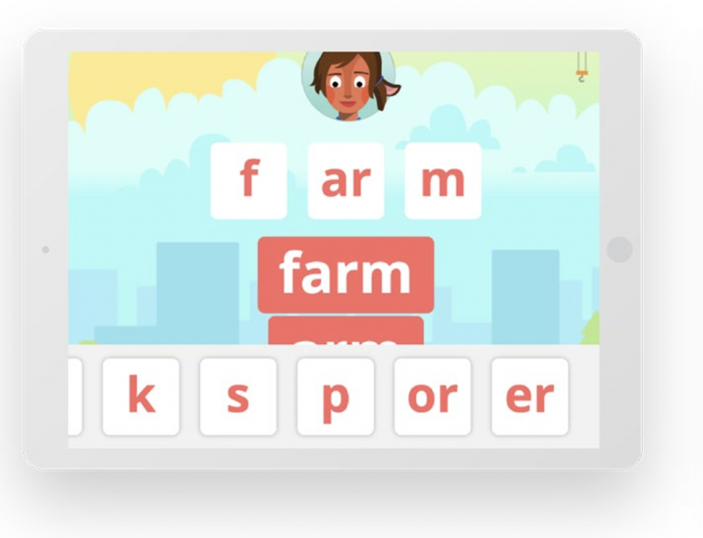 A tablet screen displays a word game, showing the word "farm" assembled from individual letter tiles, with a cartoon avatar at the top.