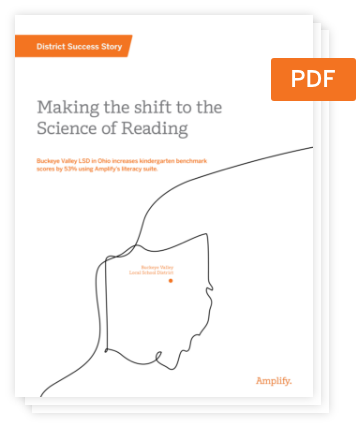Cover page of a PDF titled "Making the shift to the Science of Reading" by Amplify, featuring an outline of Ohio with highlighted text on literacy improvement.