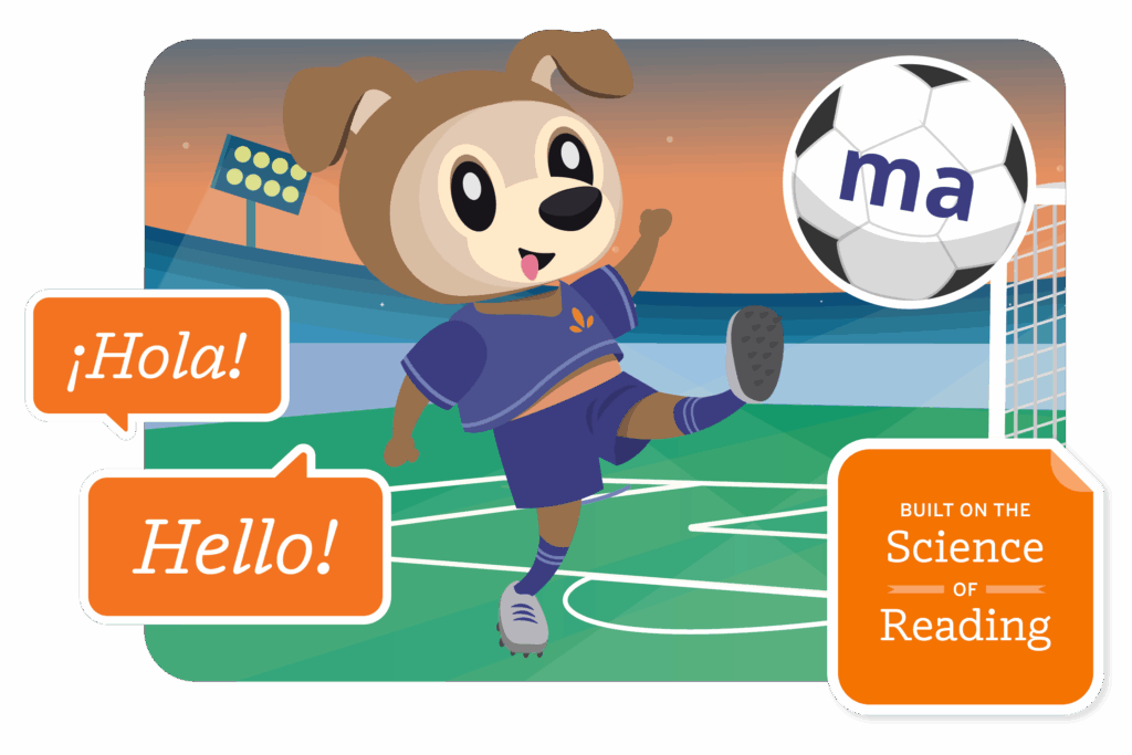 Cartoon dog in a soccer uniform kicks a "ma" ball toward a goal, saying "¡Hola!" and "Hello!"—highlighting how the Science of Reading can help boost reading skills in fun ways.