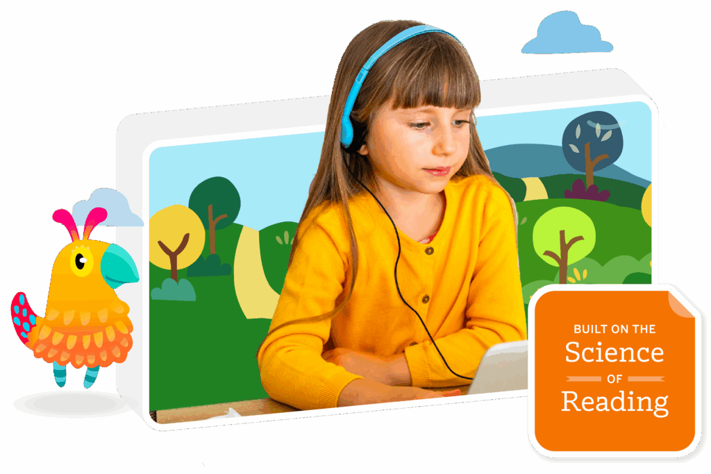 A young girl wearing headphones uses a tablet, with colorful cartoon trees and a bird character in the background. A label reads "Built on the Science of Reading" and highlights how Boost Reading supports learning.