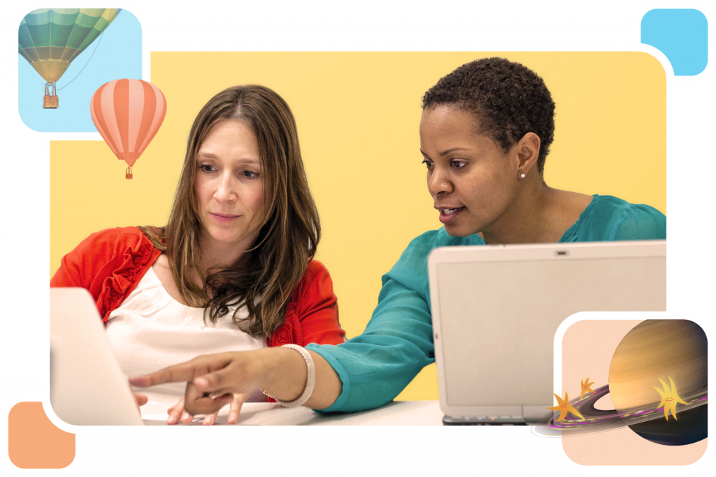 Two women sit at a desk using laptops, one pointing at the other’s screen. Decorative graphics of hot air balloons and a planet are added around the image.