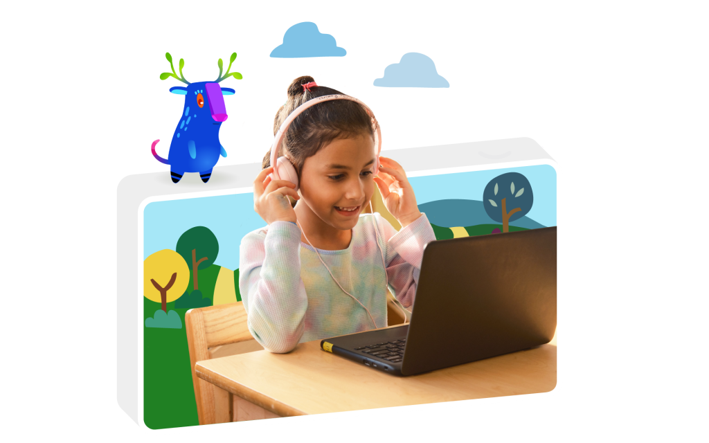 A young girl wearing headphones sits at a desk using a laptop, with cartoon backgrounds and a blue animated character above her, helping boost reading skills in a fun and engaging way.