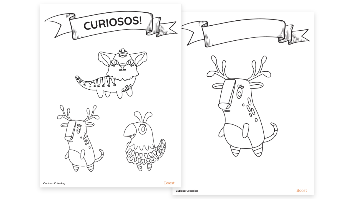 Páginas para colorear con animales de dibujos animados vestidos con atuendos festivos y la palabra "¡Impulsa la lectura!" en un cartel en la parte superior.