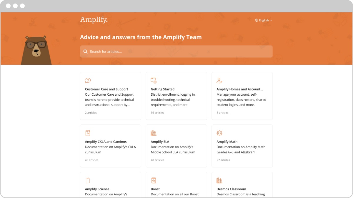 Screenshot of the Amplify support page with an orange header, bear illustration, search bar, and Boost Reading help article categories displayed in a grid layout.